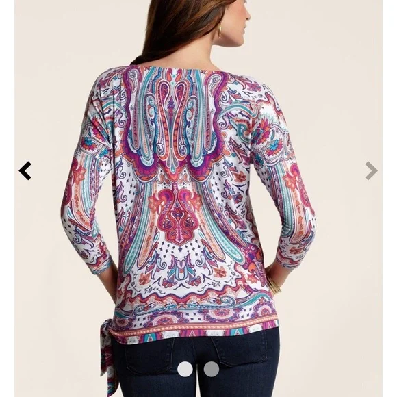 Chico’s 0 Boho, Paisley, Side Tie, Jersey Top - Picture 3 of 16